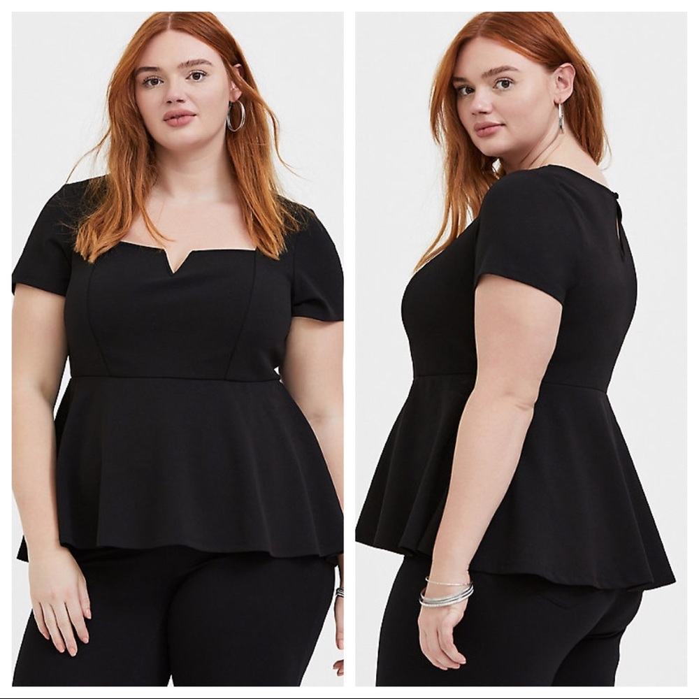 Torrid Black Scuba Knit V-Bar Peplum Top 3 - Picture 1 of 6